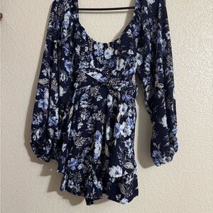 Altar'd State Blue and White Floral Romper with Balloon Sleeves